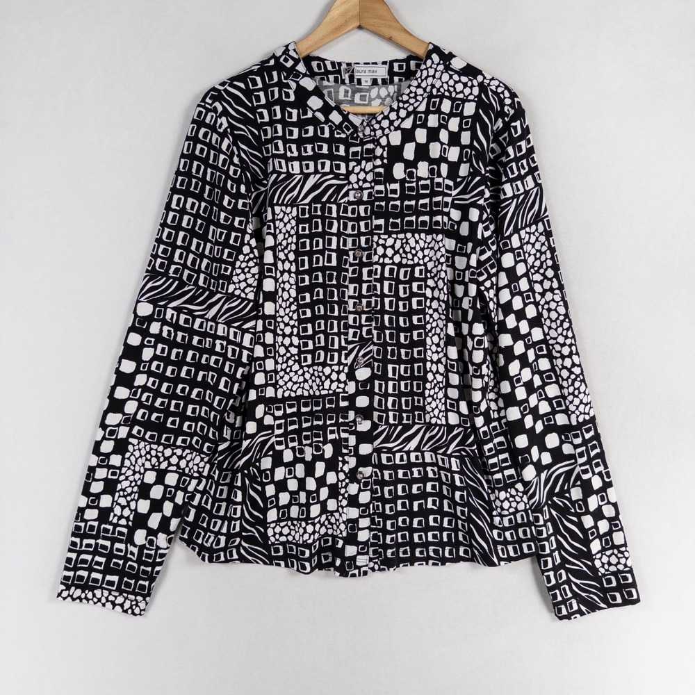 Laura Max Blouse Womens 1X Black White Geometric Button Up Long Sleeve Stretch